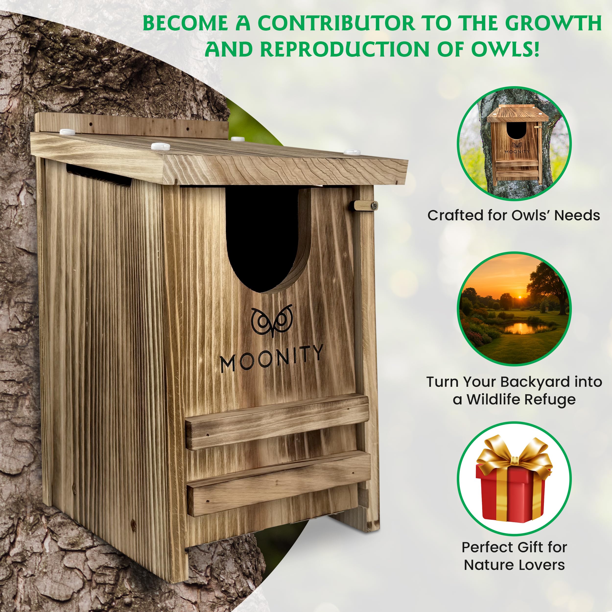 Moonity Fire-Treated Cedar Owl House installation kit ready for quick setup.