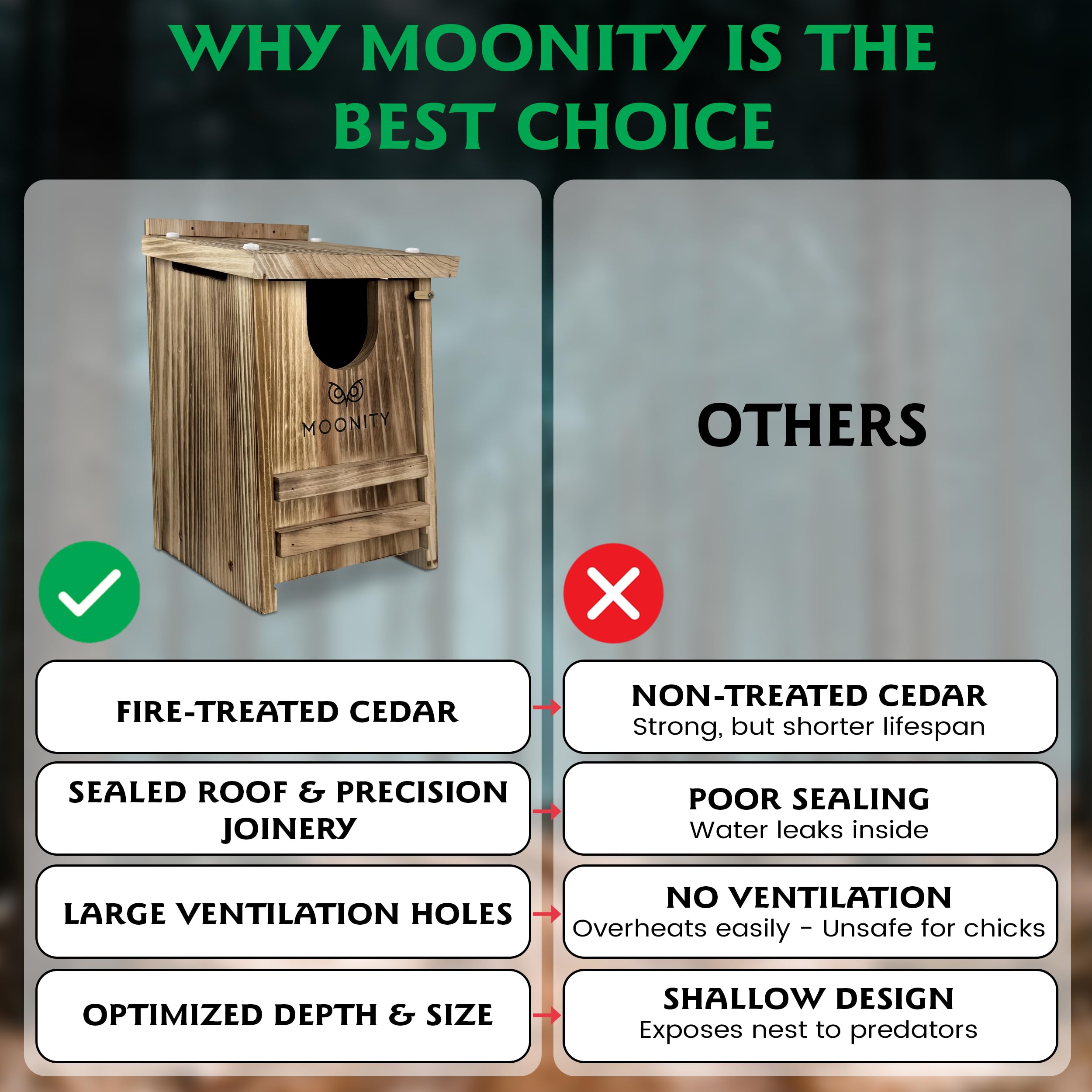 Moonity Fire-Treated Cedar Owl House interior provides roomy nest space.