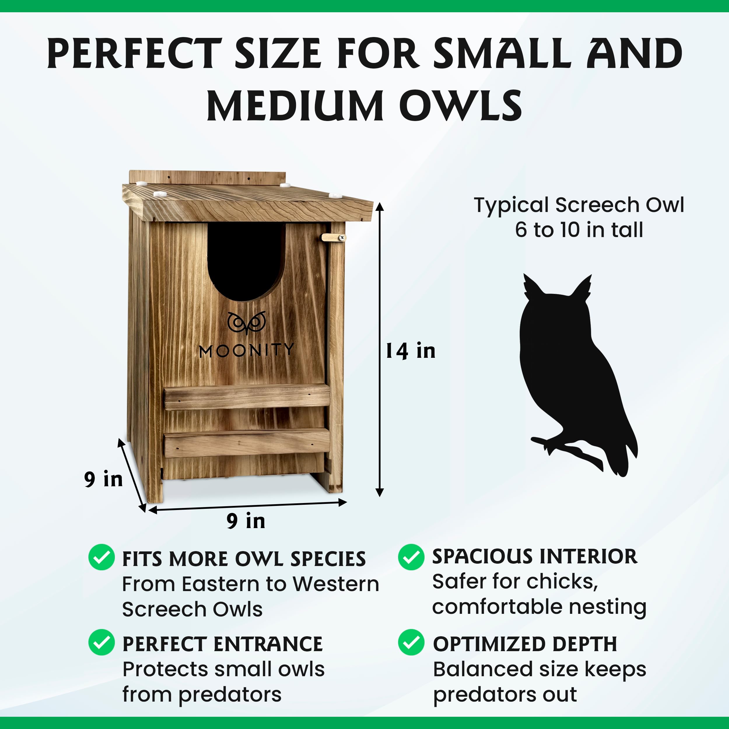Moonity Fire-Treated Cedar Owl House side view highlights robust airflow design.
