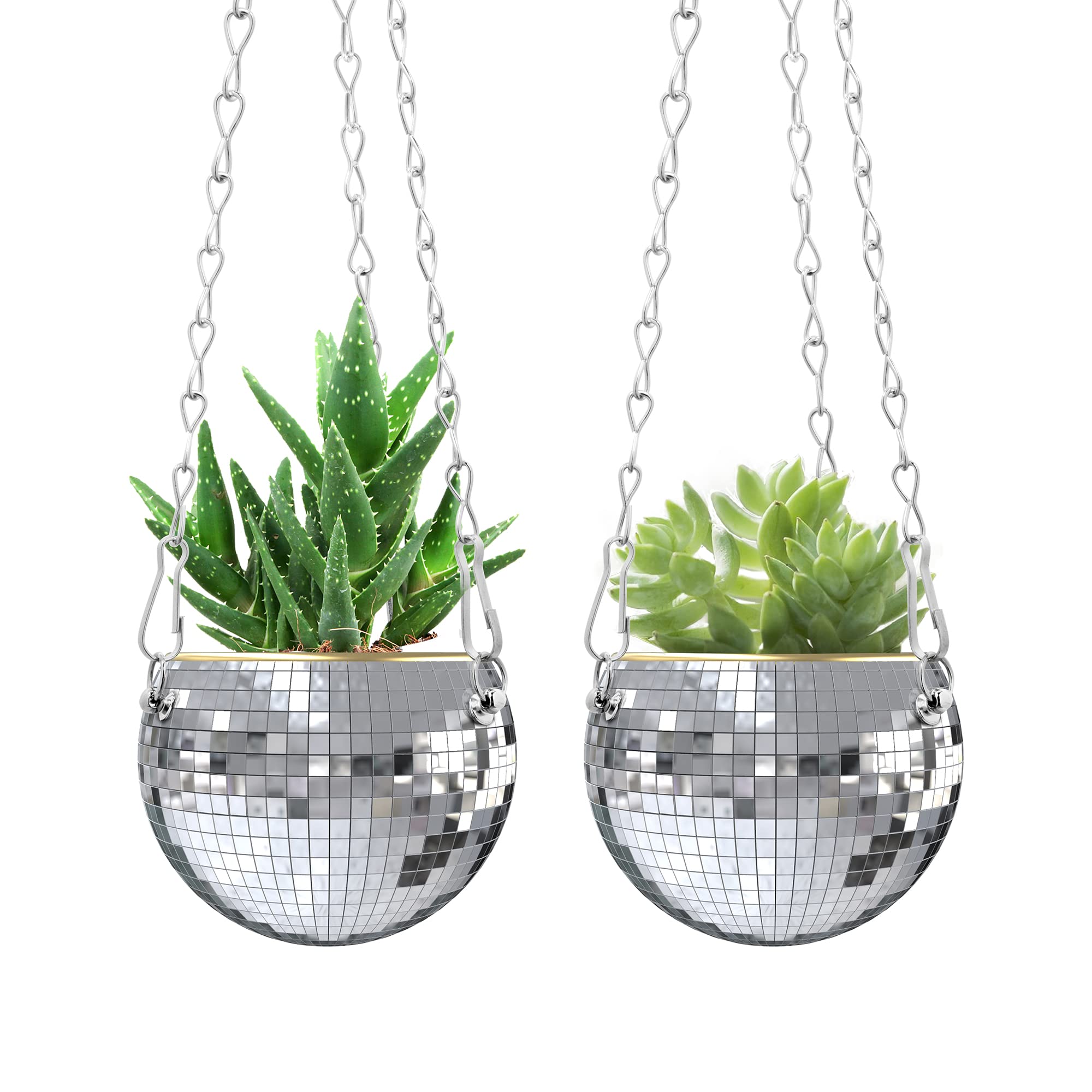 Moonoom 4-inch silver disco ball planter with chain, ideal for hanging indoor plants.