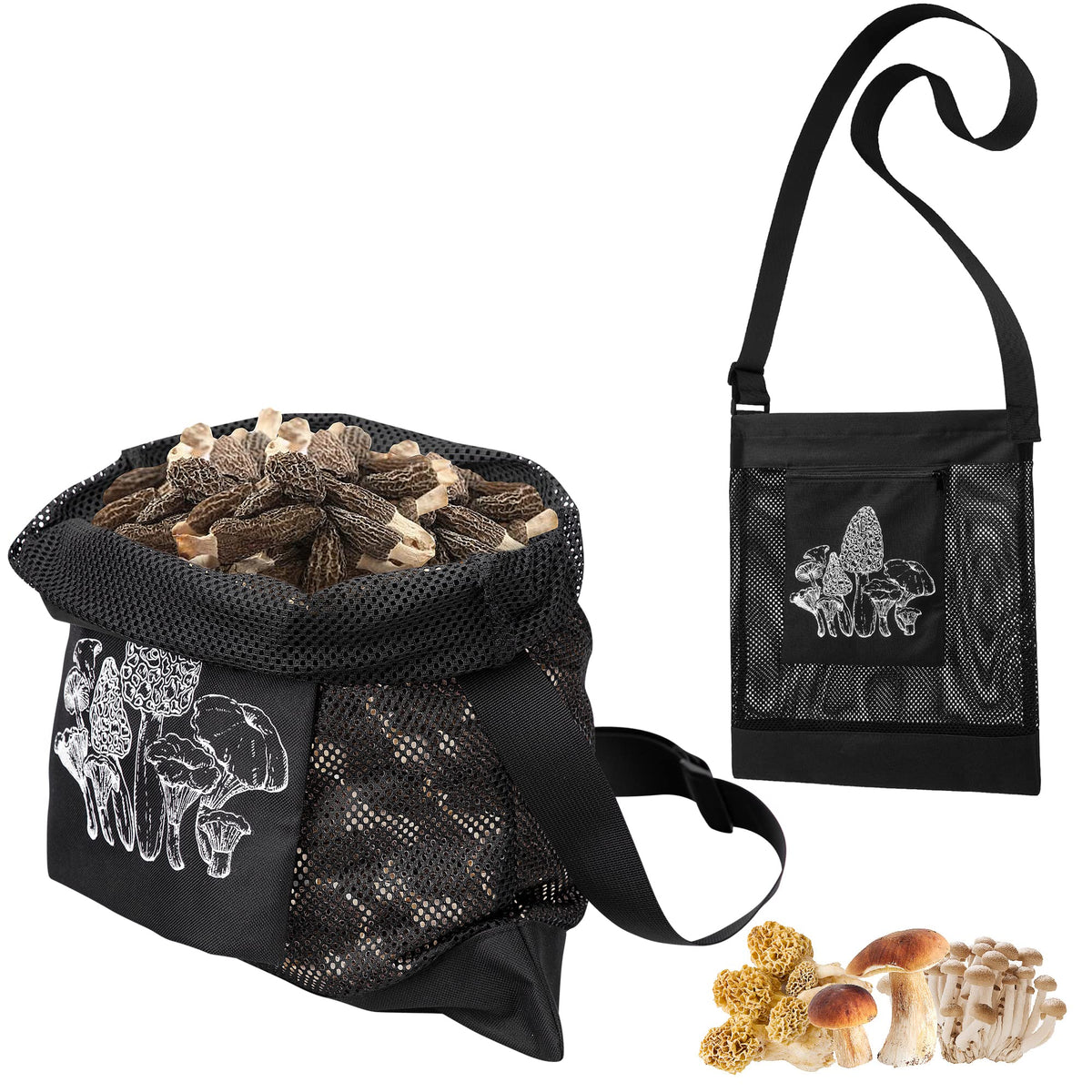 Moonoom mushroom hunting bag folded in black for compact travel and storage.