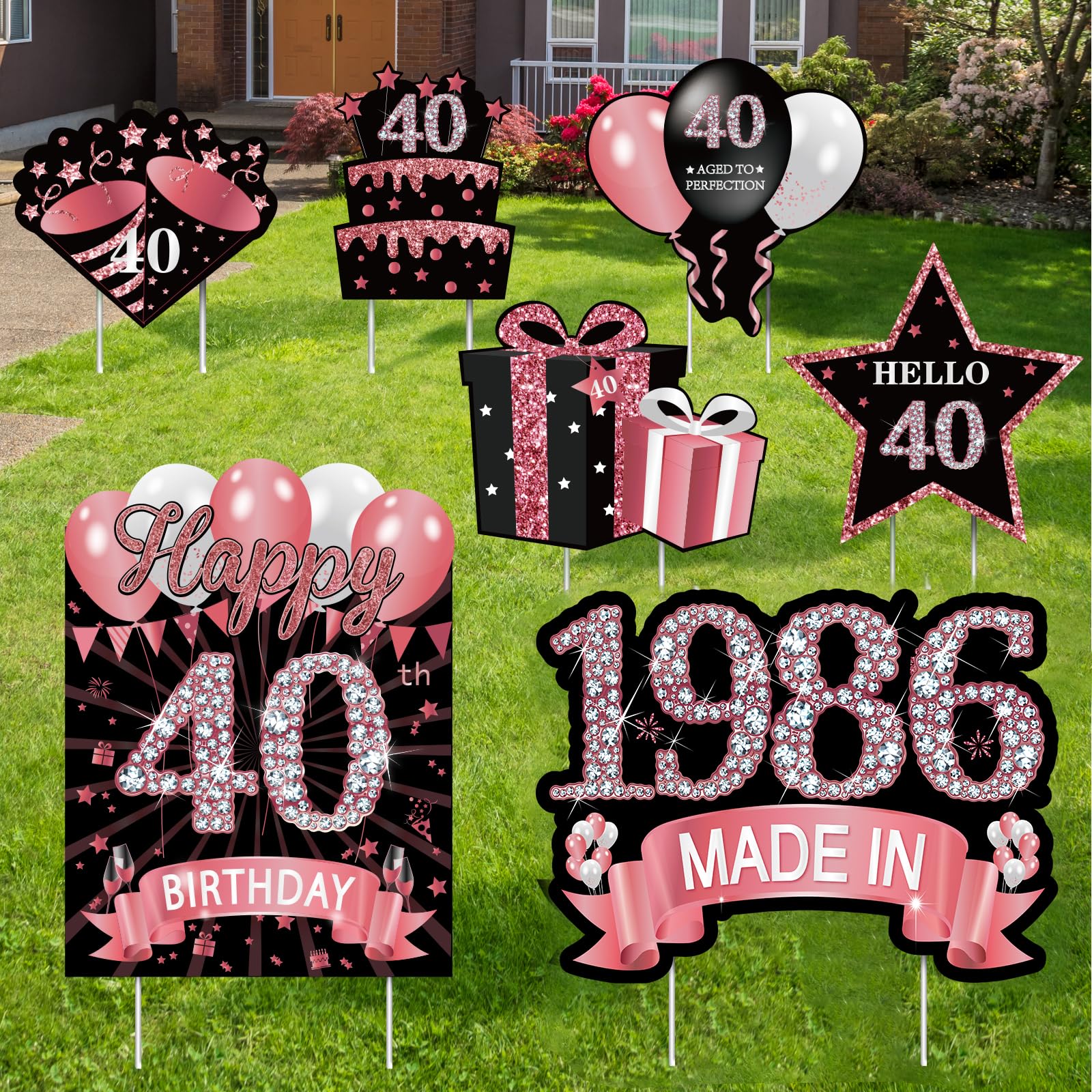 MOORAY rose gold 40th birthday yard sign with stakes for outdoor decorating