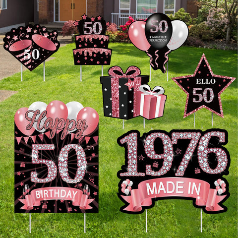 MOORAY rose gold 50th birthday yard sign with stakes for outdoor celebration.