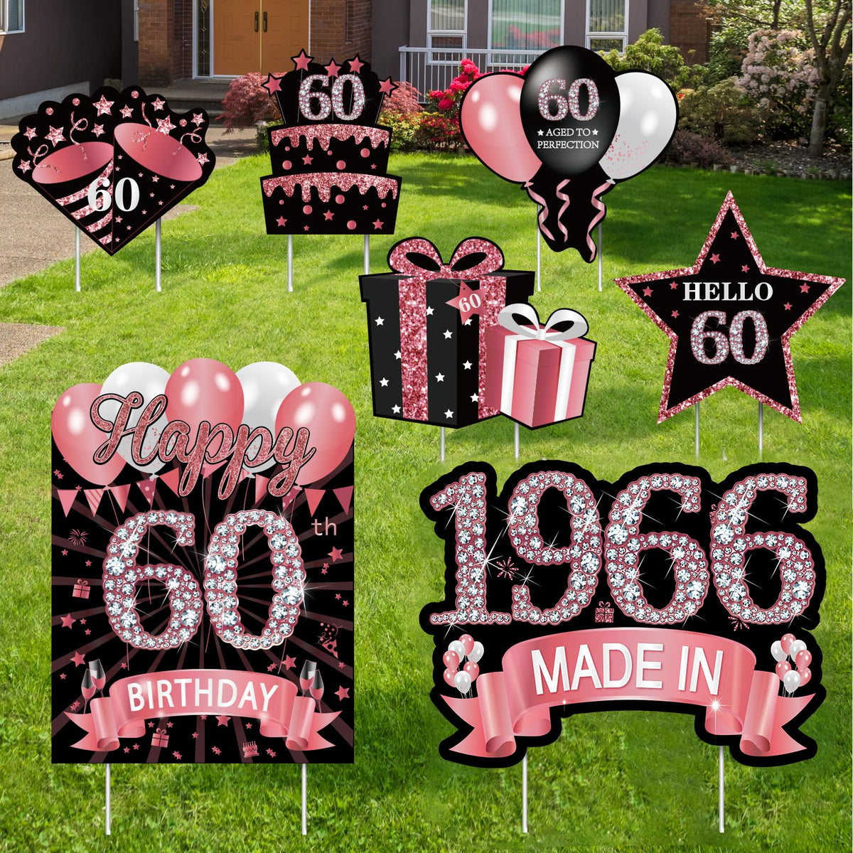 MOORAY rose gold 60th birthday yard sign with stakes for outdoor décor