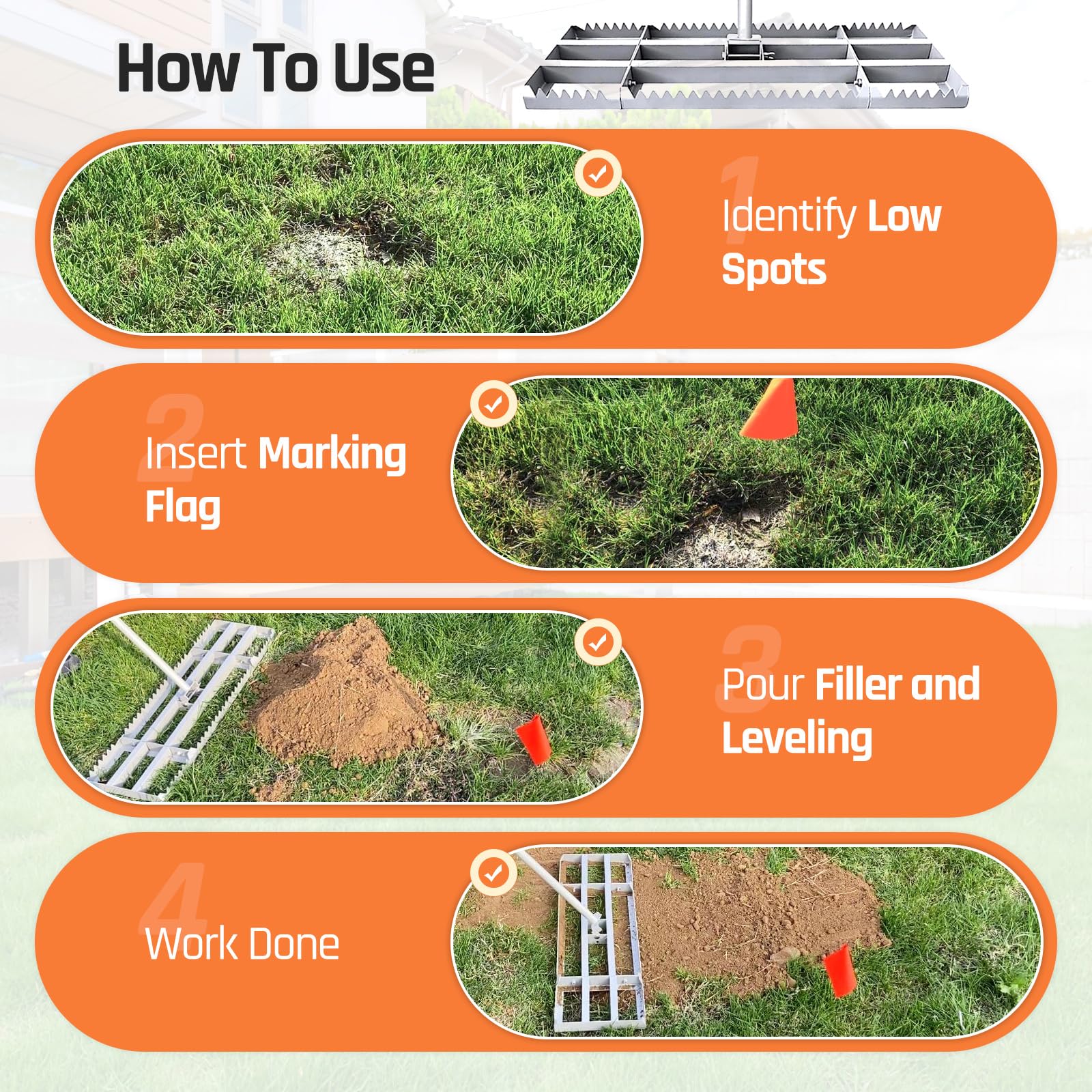MOPAI lawn leveling rake includes 20 flags for locating low spots.