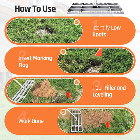 MOPAI lawn leveling rake includes 20 flags for locating low spots.
