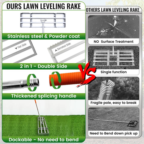 MOPAI lawn leveling rake 30-inch handle for comfortable reach.