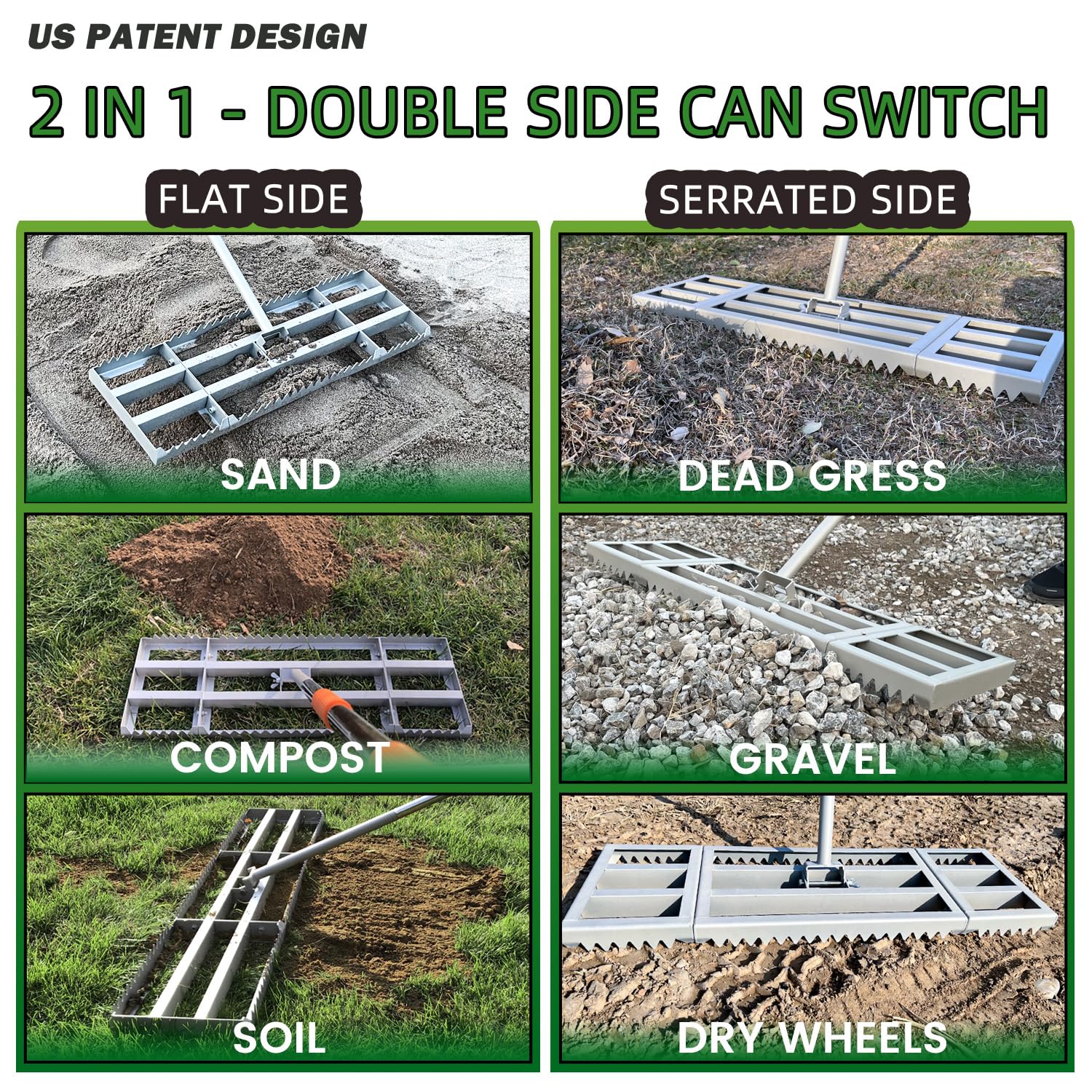 MOPAI Lawn Leveling Rake serrated side clears debris and levels surfaces