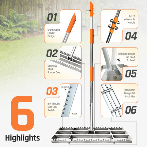 MOPAI lawn leveling rake features easy disassembly for tight areas.