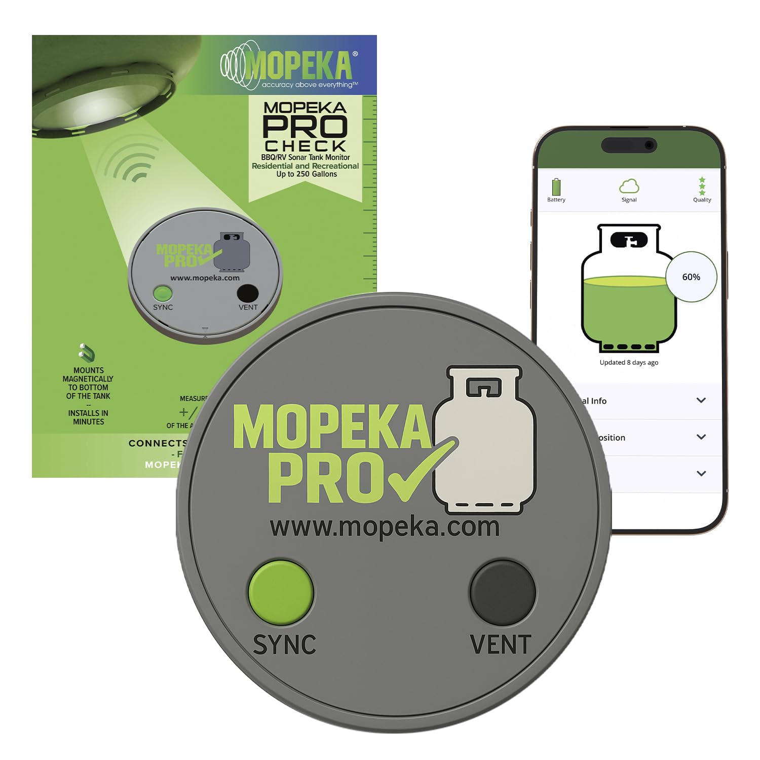 Mopeka Pro Check magnetic sensor attached to propane tank for real-time level monitoring.