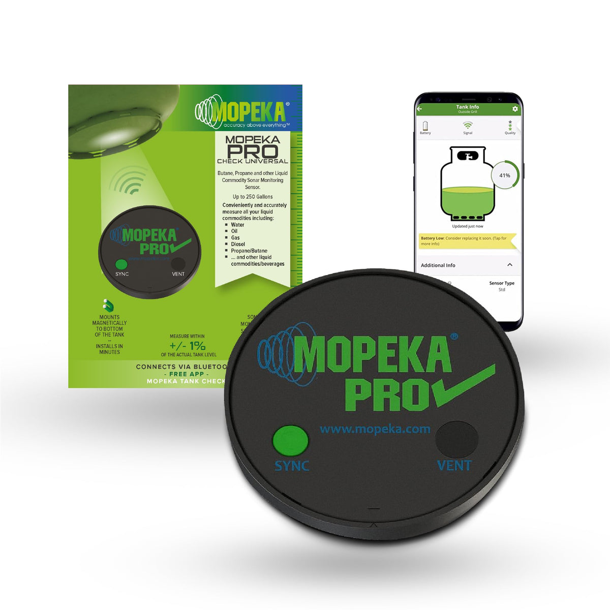 Mopeka Pro Check sensor on propane tank collar shows quick installation for portable grills