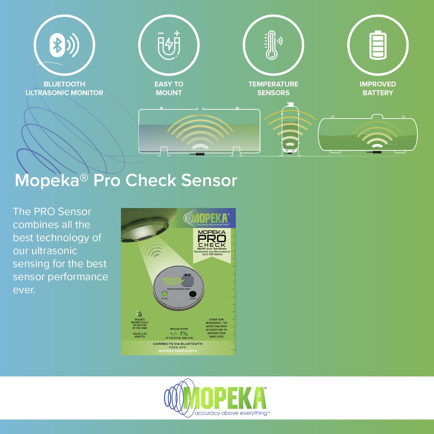 Mopeka Pro Check ultrasonic reading precision for accurate fuel levels.