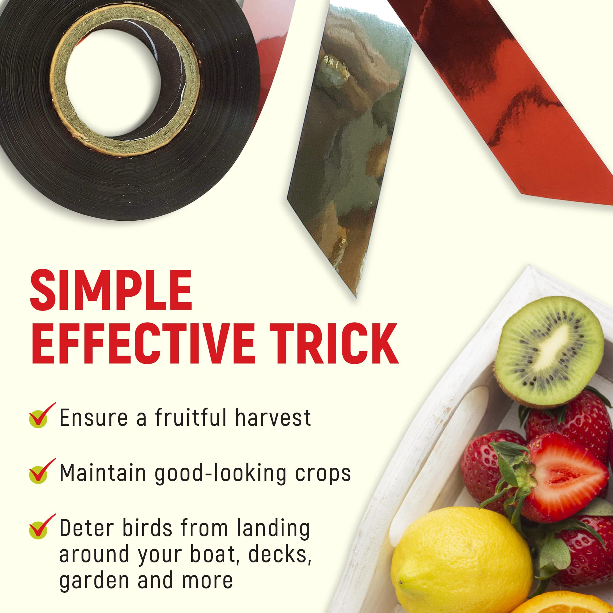 Mopet bird deterrent tape on fences provides quick garden protection.