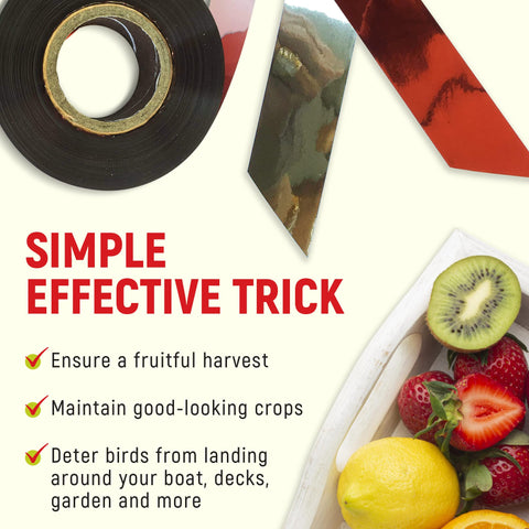Mopet bird deterrent tape on fences provides quick garden protection.