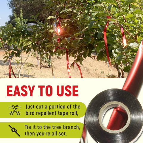 Mopet bird deterrent tape on tree trunks guards fruit trees.