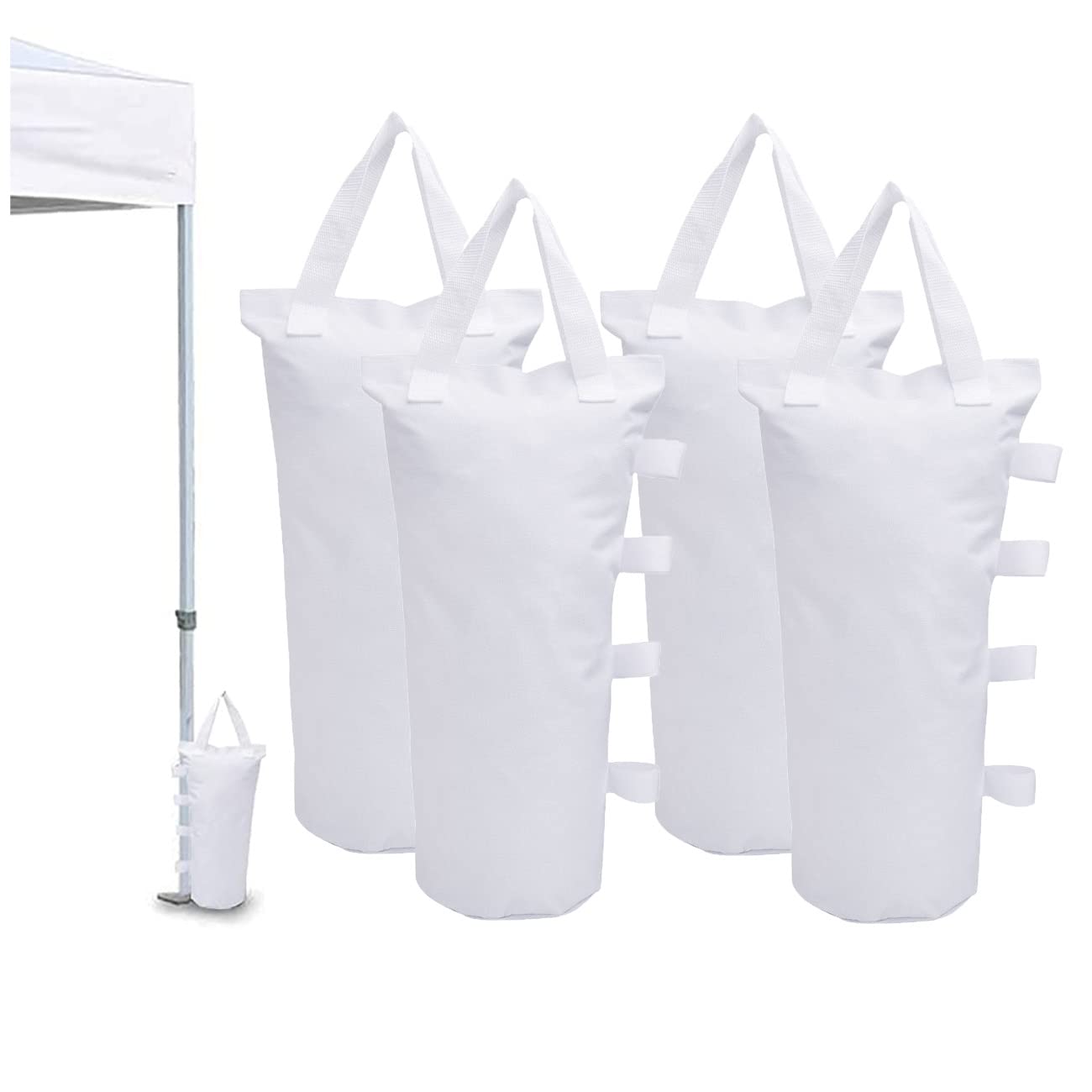 MOPHOEXII canopy weight bags in white 4-pack stabilizing a pop-up canopy.