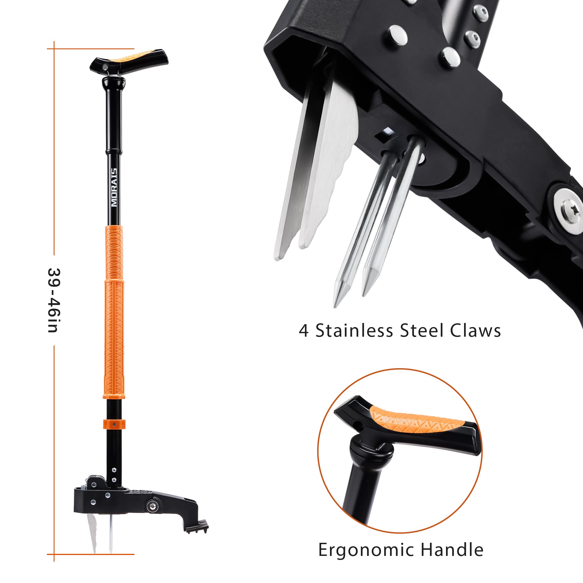 Morais 4-claw head grips weed roots for thorough removal.