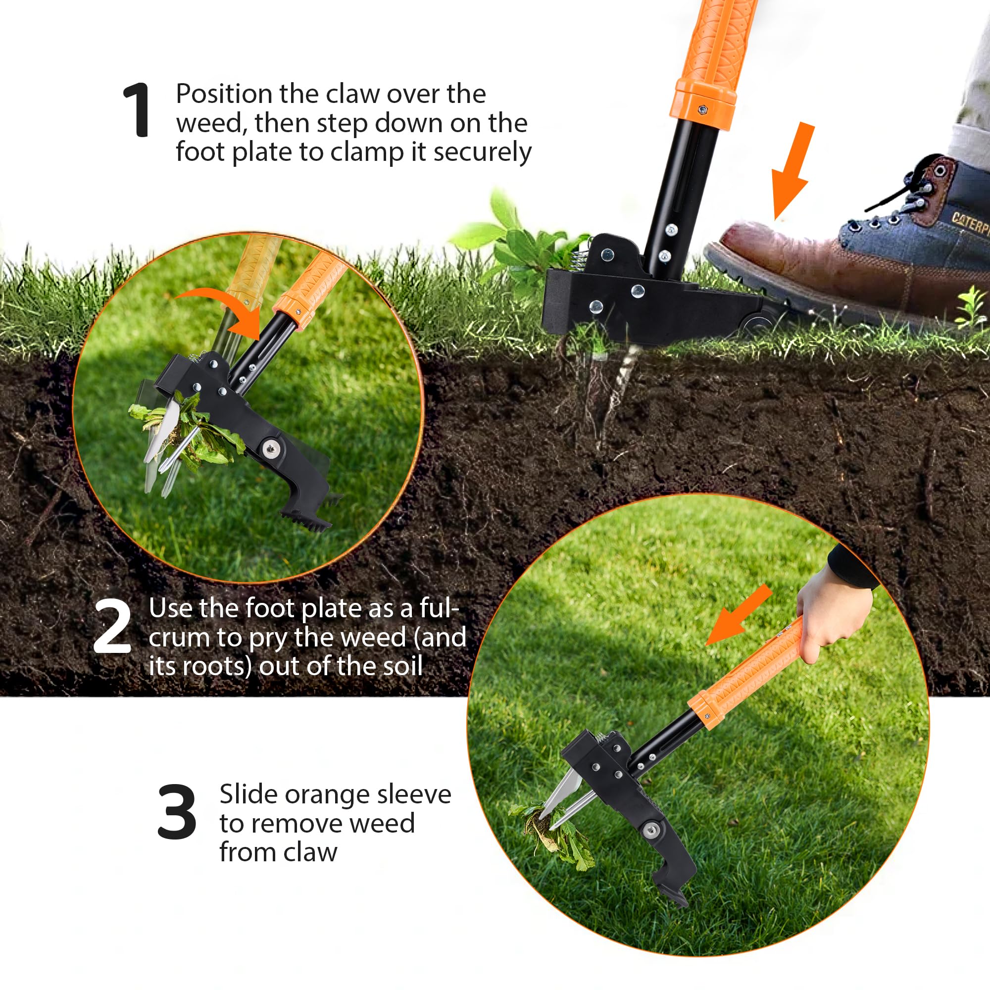 Morais weed puller foot pedal increases leverage against tough weeds.