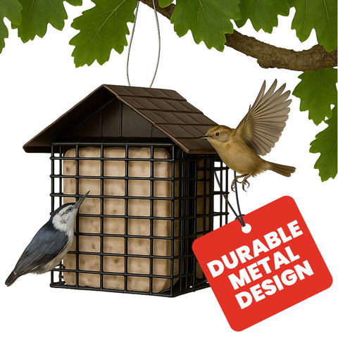 More Birds Double Suet Feeder front view with weather guard protecting suet from rain