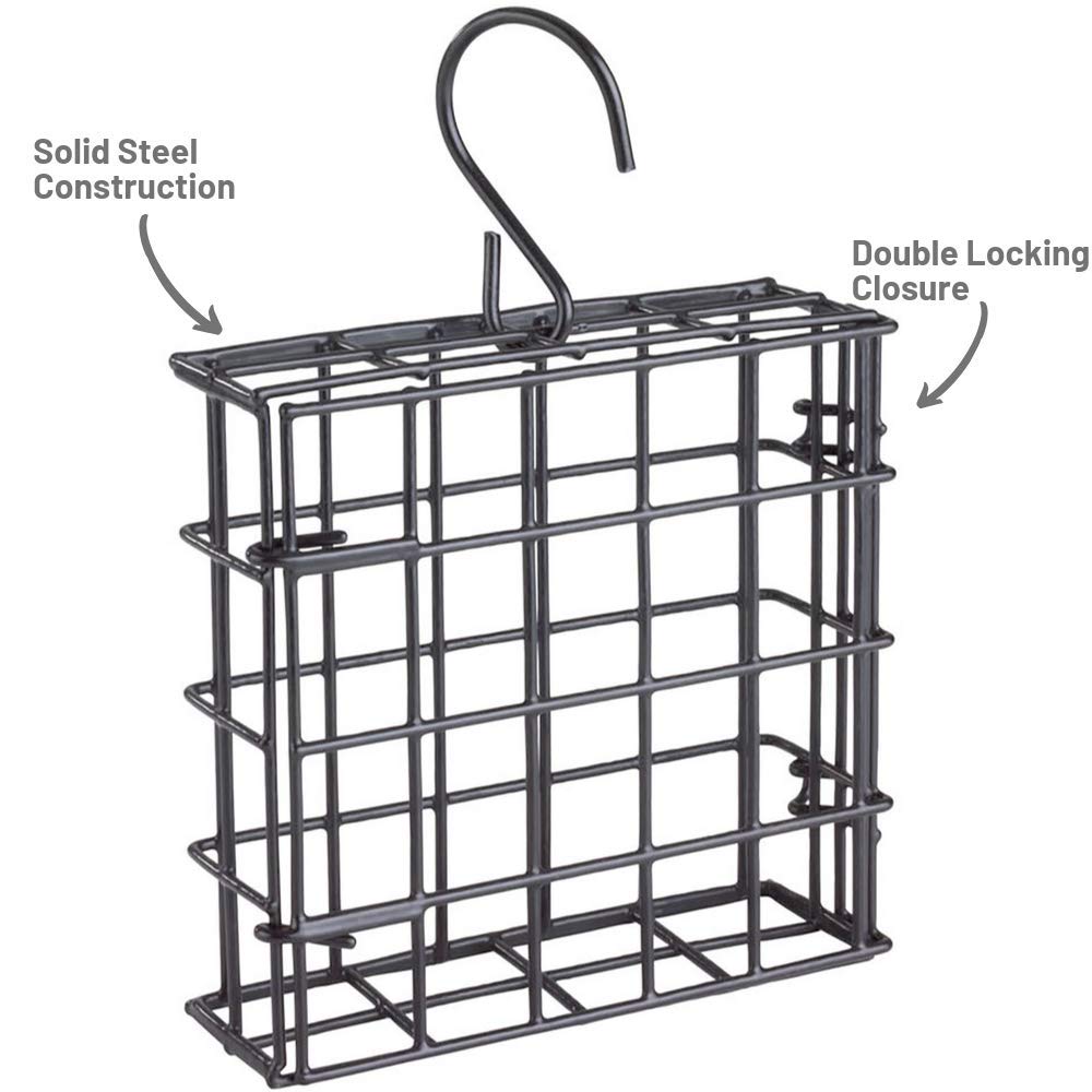 More Birds easy-open double-locking system secures suet or seed cakes