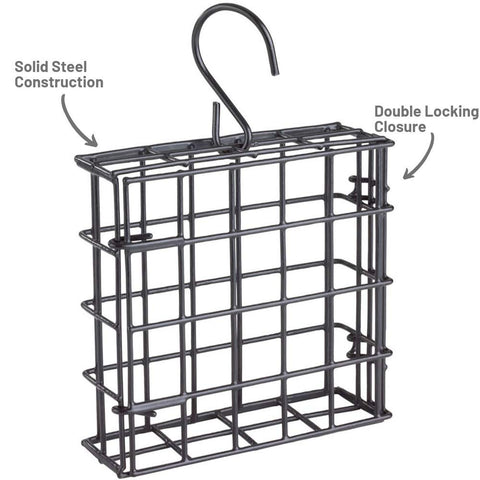 More Birds easy-open double-locking system secures suet or seed cakes