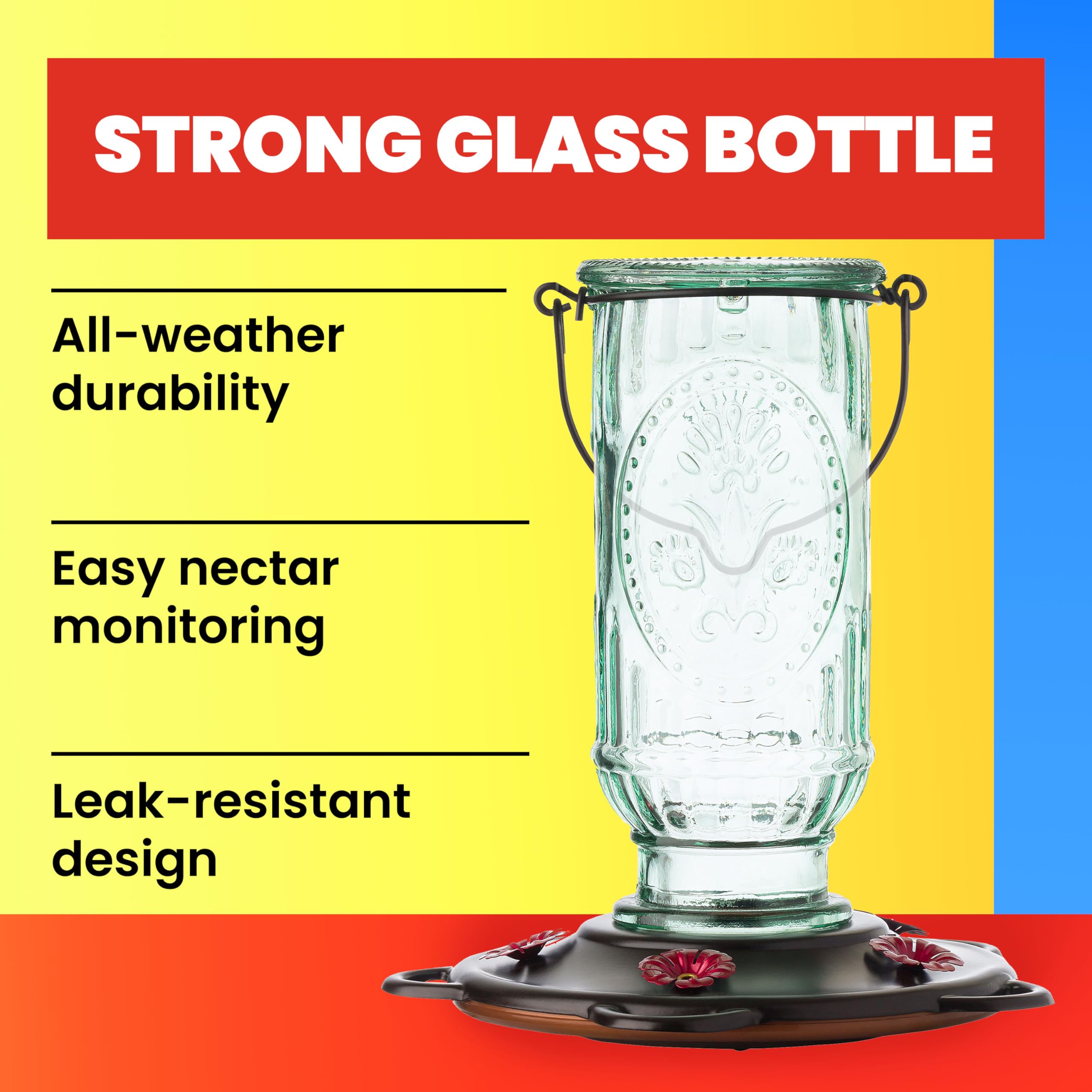 More Birds embossed aqua glass bottle showing durable construction for outdoor use.