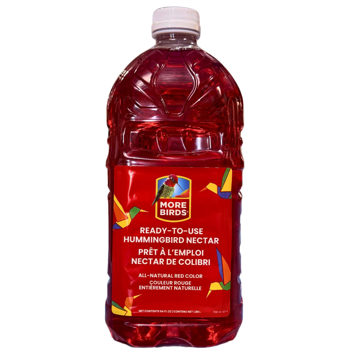 More Birds premium hummingbird nectar bottle, 64 oz, ideal for extended feeding.
