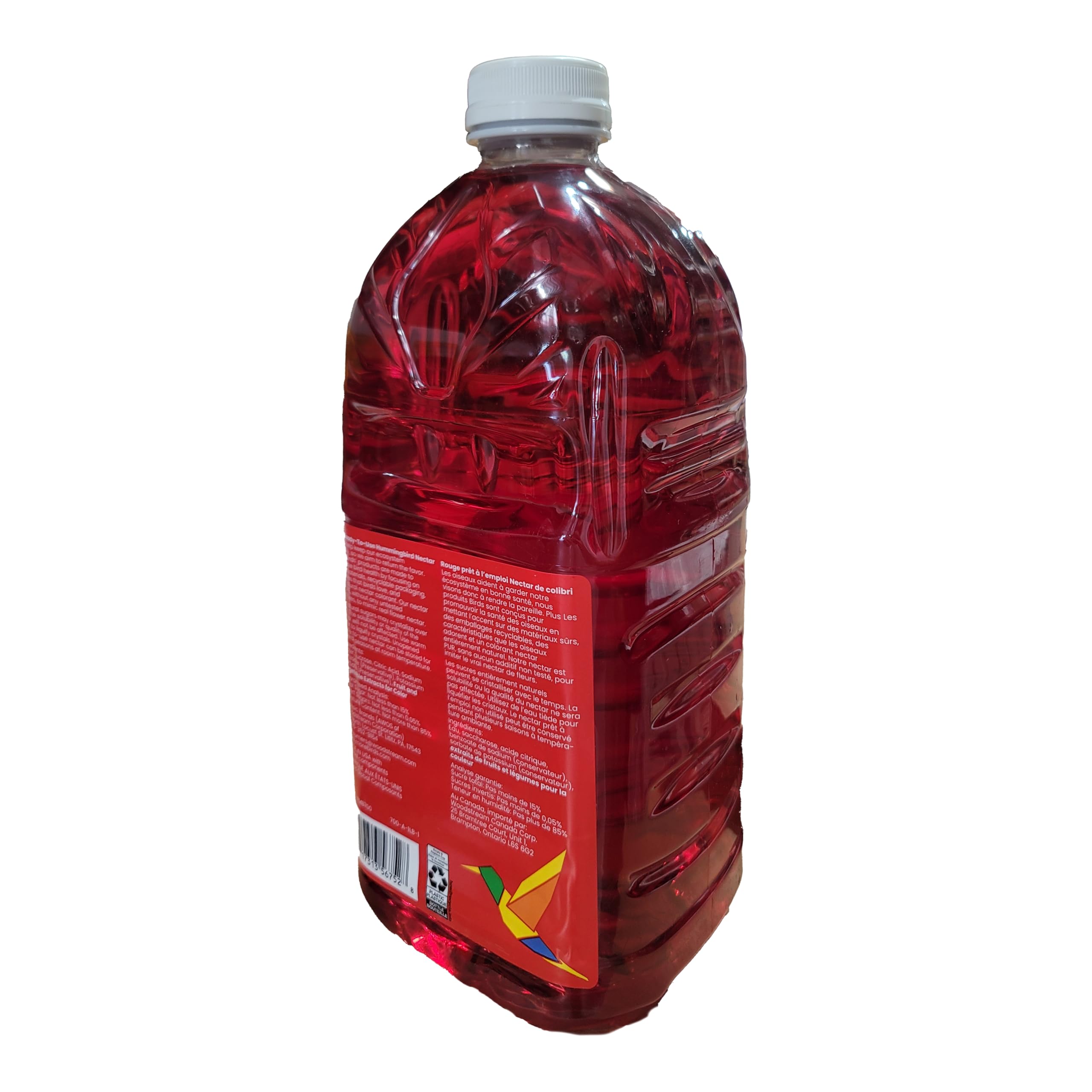 Close-up of More Birds nectar bottle label highlights natural nectar-inspired formulation.