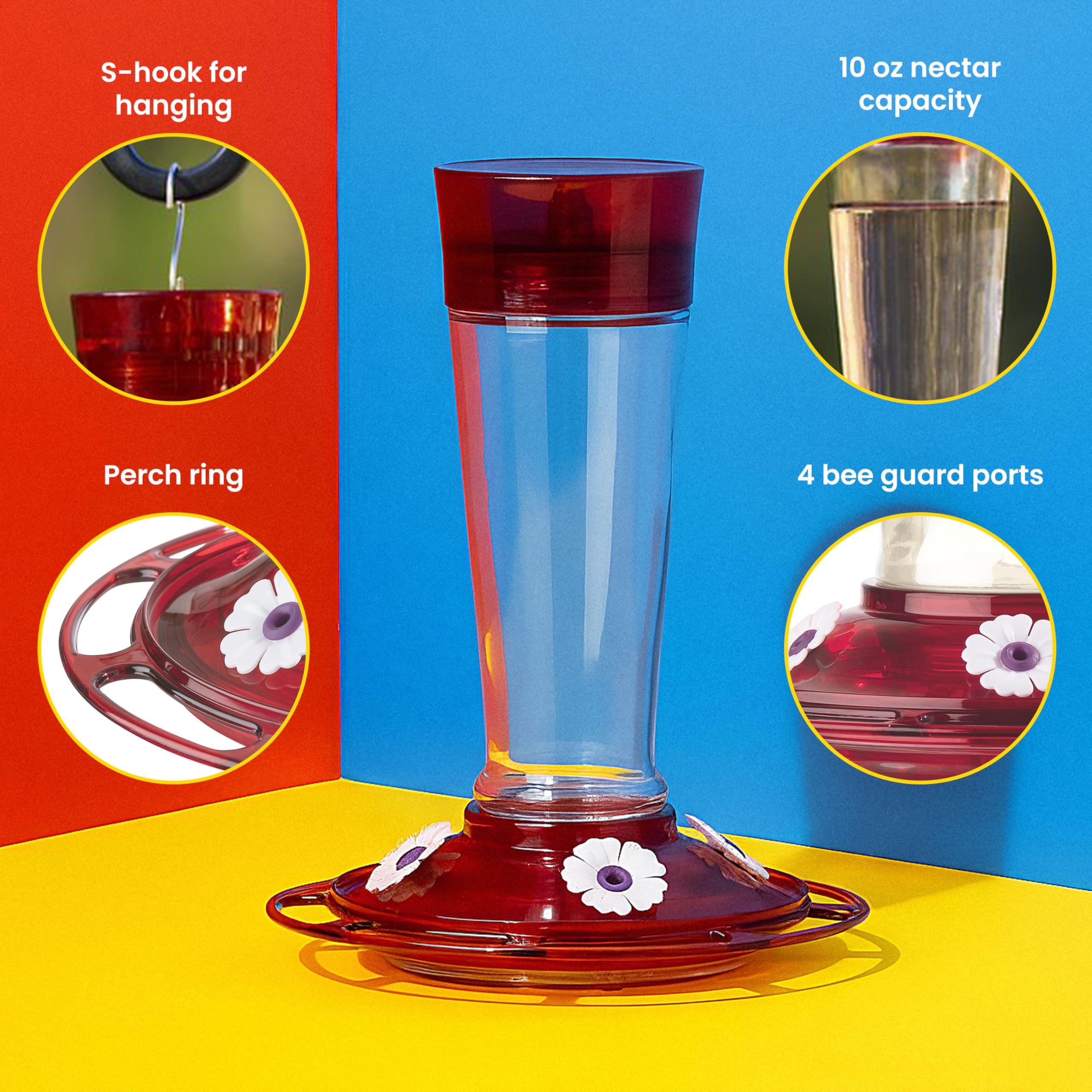 More Birds Ruby hummingbird feeder offers four perch stations for multiple birds
