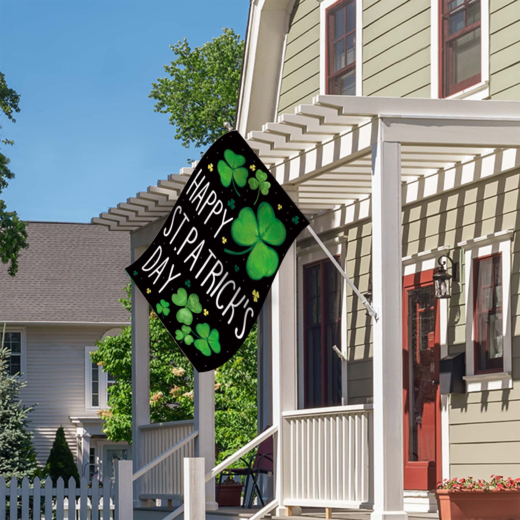 Morigins bright shamrock design flag elevates garden and porch decor.