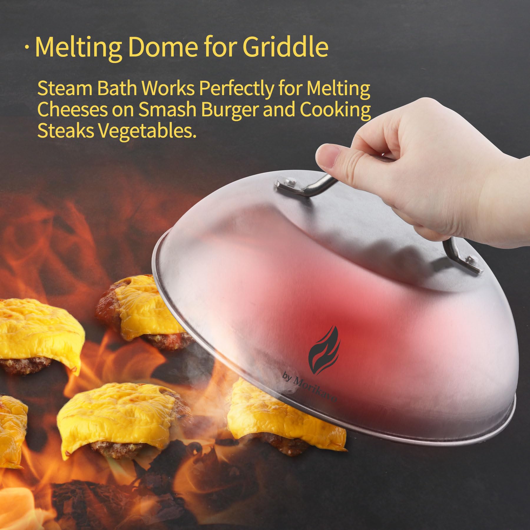 Morikavo burger dome for smashed patties helps cheese melt quickly without overcooking.