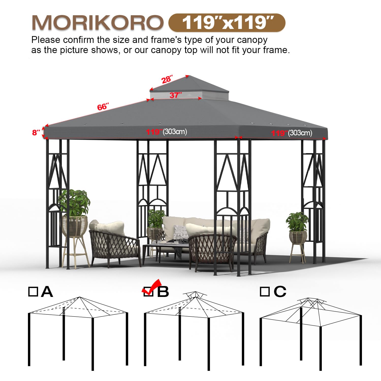 Morikoro double-tier gazebo top, grey, vented roof for airflow.