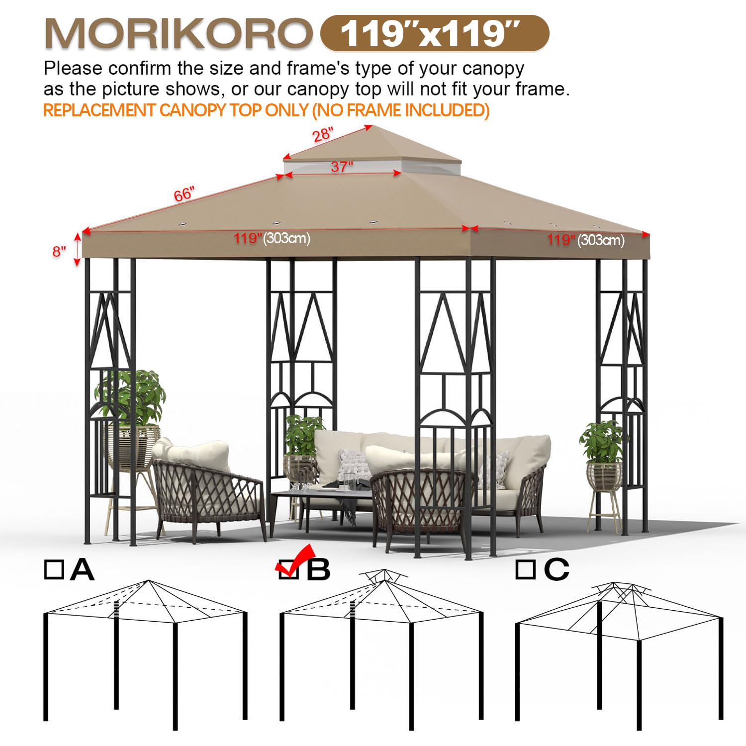 Morikoro double-tier gazebo top close-up showing vented design aids wind passage