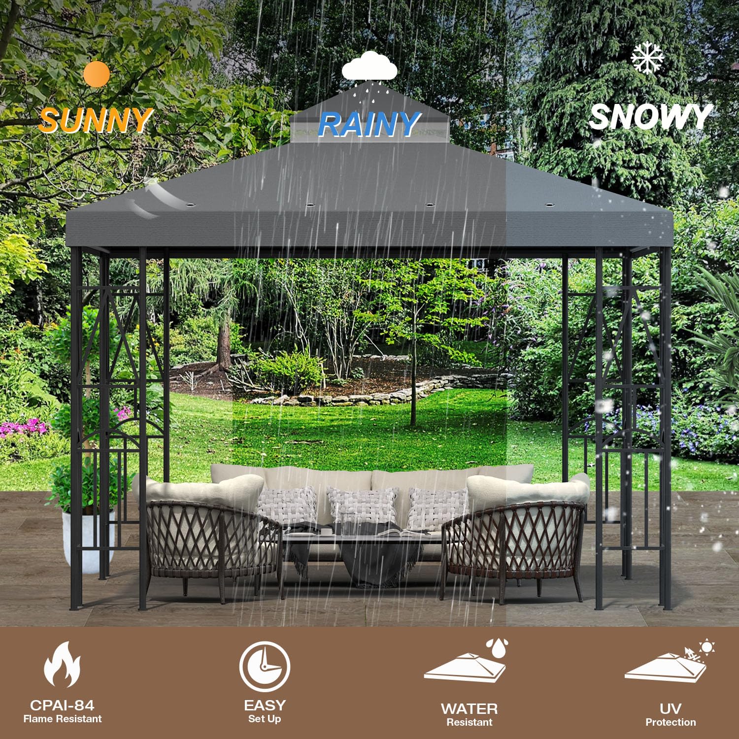 Morikoro canopy top with drainage holes reduces water pooling.