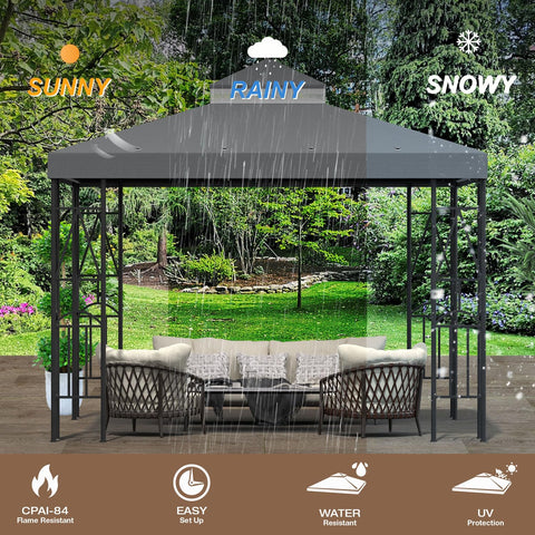 Morikoro canopy top with drainage holes reduces water pooling.