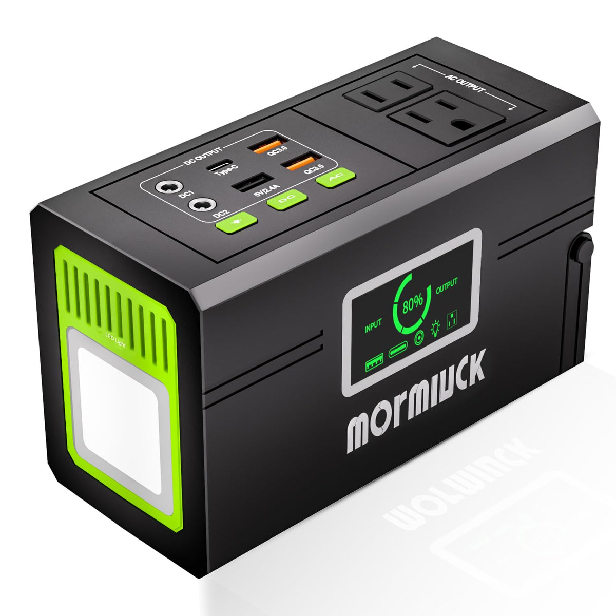 Mormluck portable power station 127W with LCD display showing status for easy monitoring