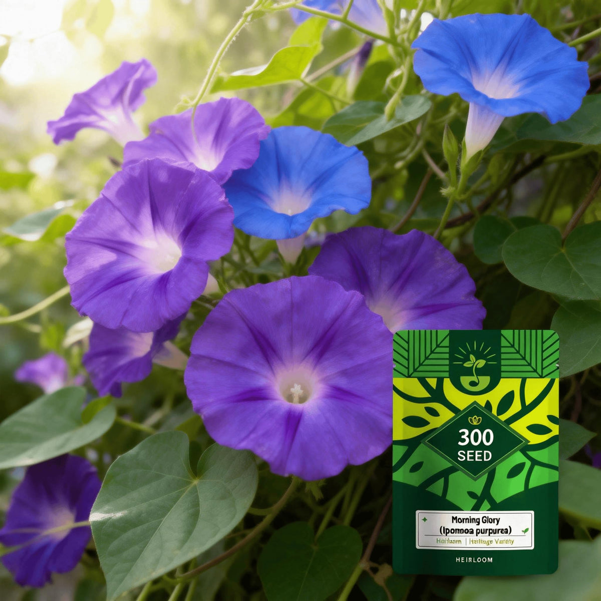 Morning Glory Seeds show rapid growth with vibrant blooms on a trellis.