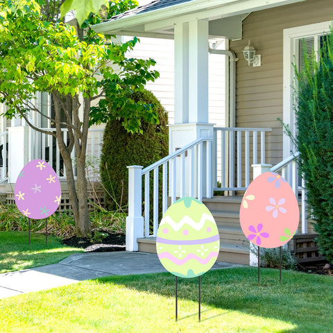 MorningRo Easter egg yard sign in garden display adds seasonal charm to outdoor spaces