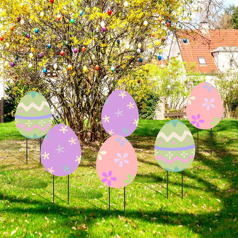 MorningRo Easter egg yard sign with ground stake demonstrates easy installation for quick decorating