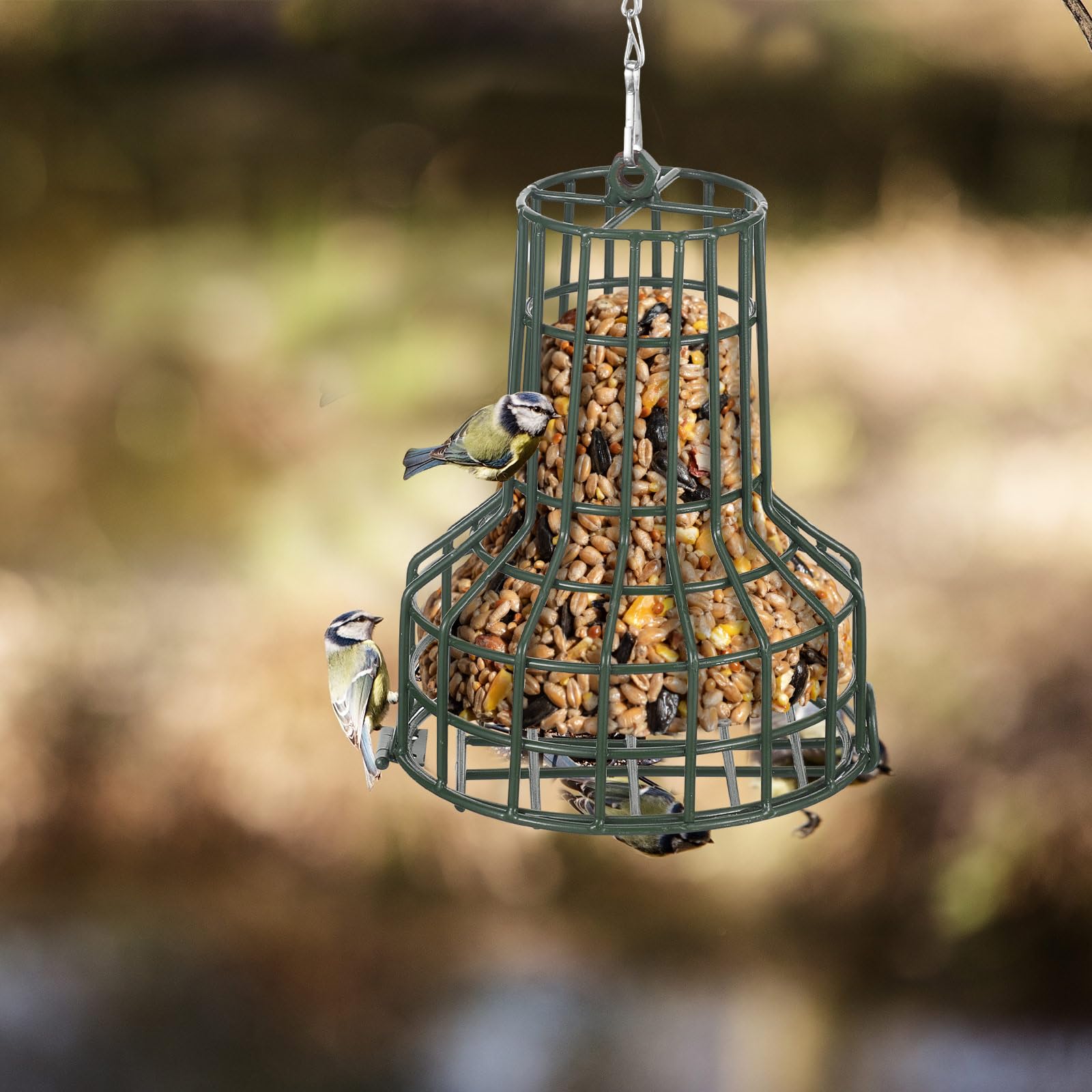 MorningRo green painted feeder blends with outdoors while attracting small songbirds