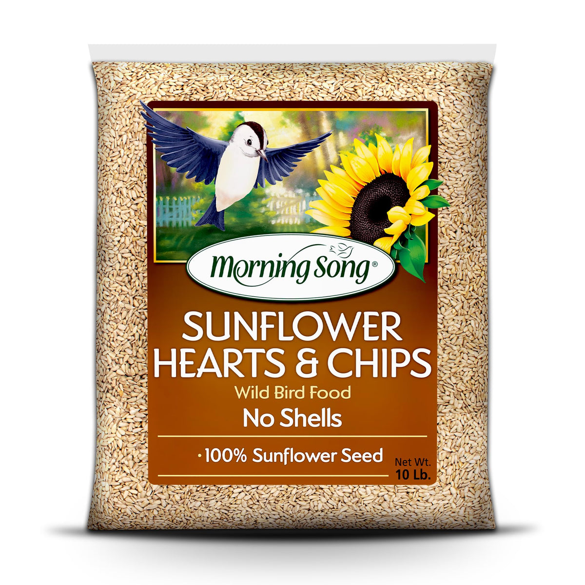 Morning Song sunflower hearts chips bag closeup showing premium shell-free seed for clean feeding.