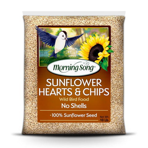 Morning Song sunflower hearts chips bag closeup showing premium shell-free seed for clean feeding.