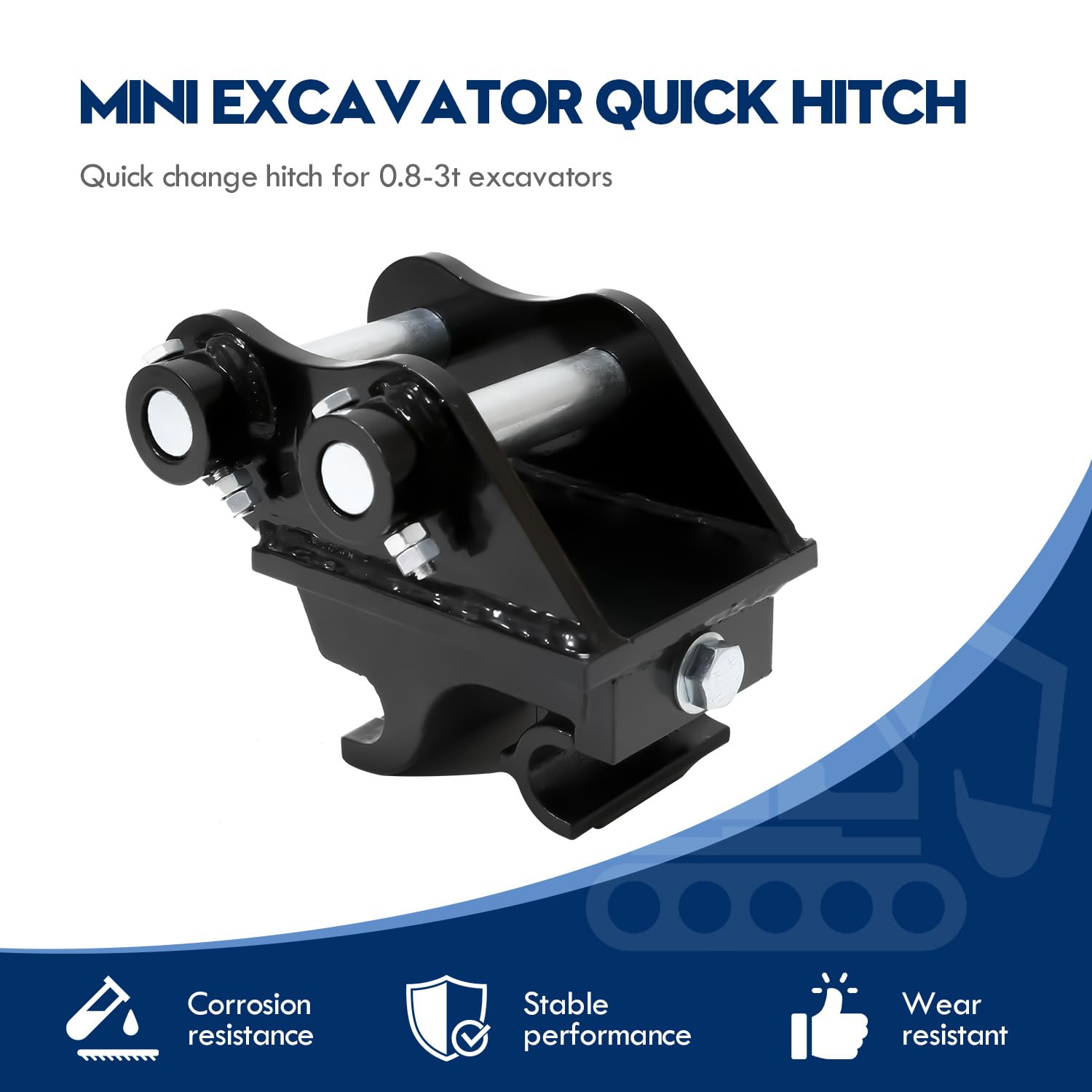 Moroayop quick coupler attachment dimensions highlighting pin and spacing.