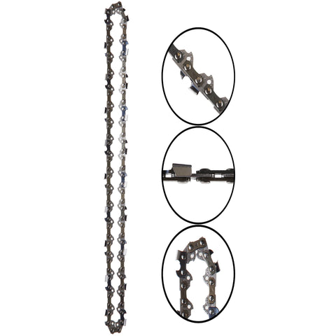 Morocca chainsaw chain closeup showing 3/8 LP 050 33DL design for precision.