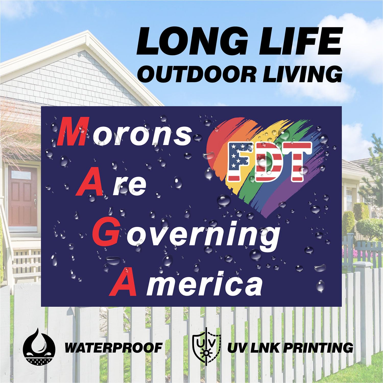 Morons Are Governing America sign showing weatherproof outdoor durability for year-round use