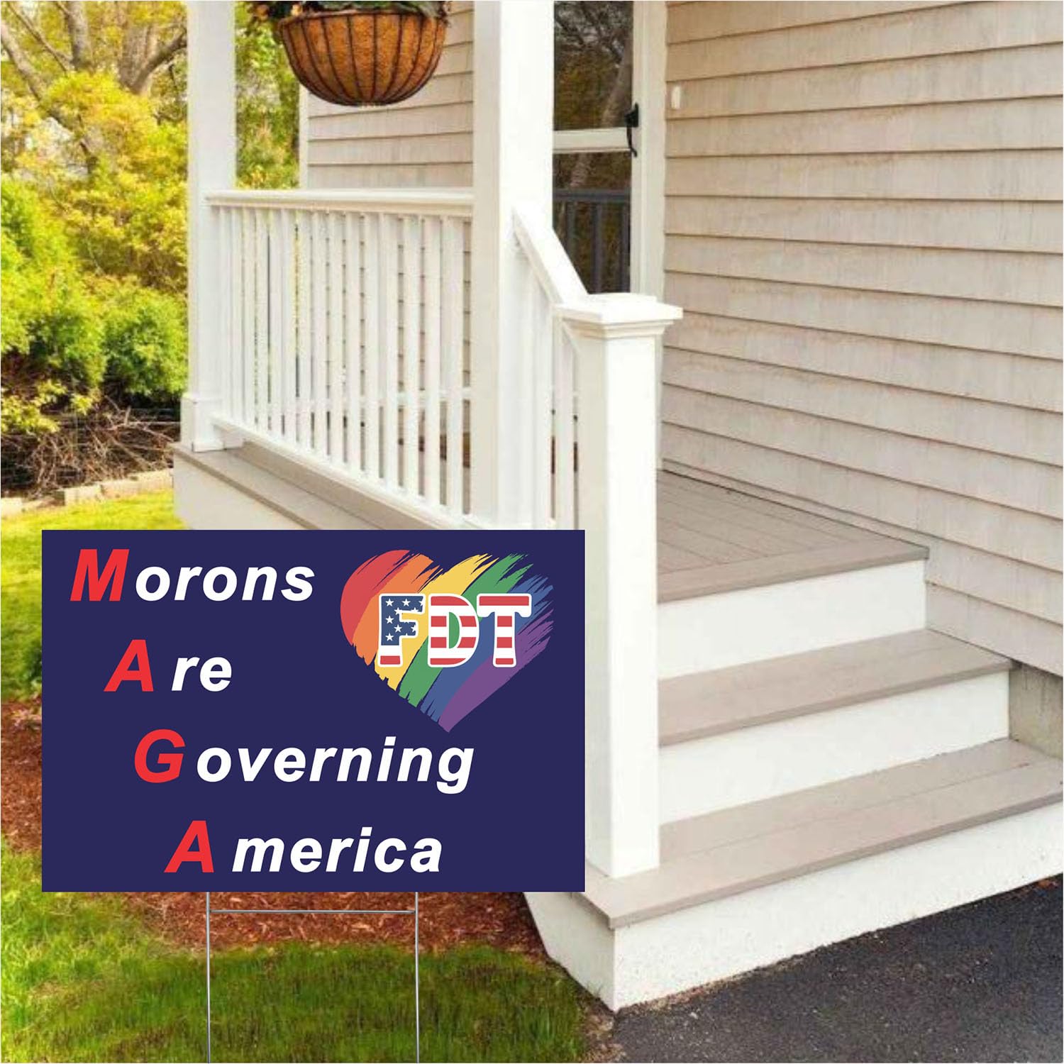 Morons Are Governing America yard sign as yard decor for civic expression