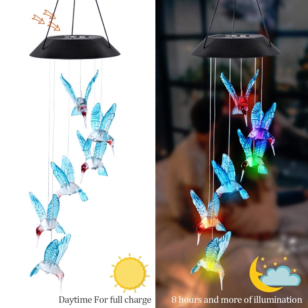 MorTime blue glass hummingbird chime with color-changing LEDs brightens outdoor décor.