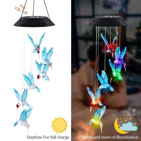 MorTime blue glass hummingbird chime with color-changing LEDs brightens outdoor décor.