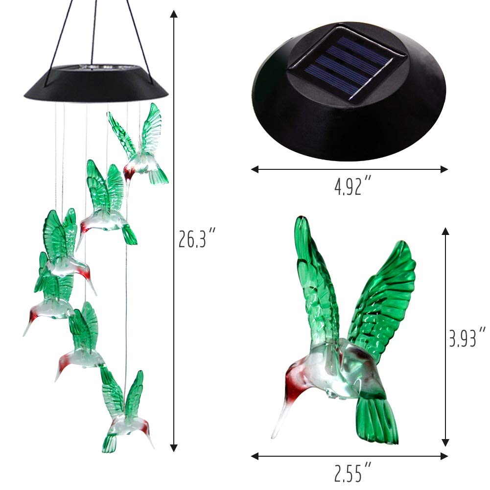 Color-changing MorTime hummingbird wind chime lights outdoor spaces.