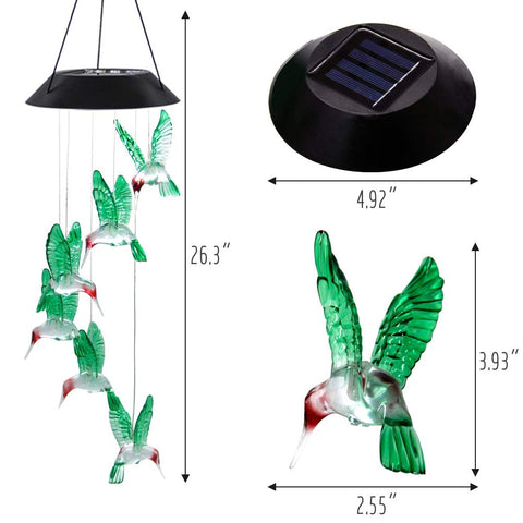 Color-changing MorTime hummingbird wind chime lights outdoor spaces.